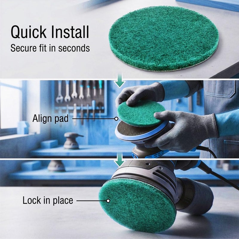 JUNLIXN 4 Inch 180 Grit Drill Brush Scrubber Scouring Pads, 20 Pcs Hook & Loop Power Scrubber Scour Pads for Rotary Tools, Random Orbital Sander (Green) - Image 5